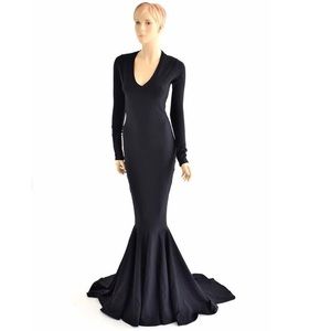 Black Morticia V-neck soft knit gown puddle train